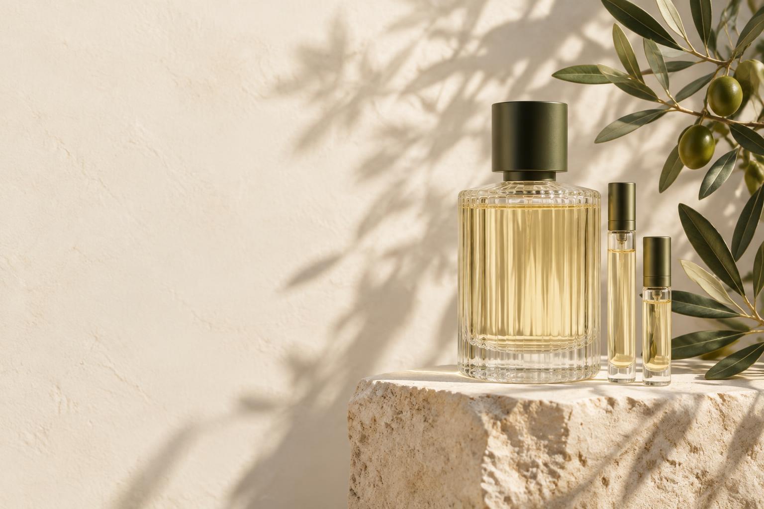 Perfume e decants entre ramos de oliveira sobre pedra natural